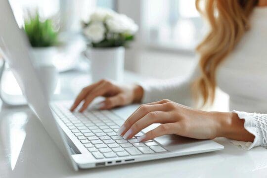 Contact Us - Image of a woman sitting at a desk typing on a macbook pro laptop. Contact Us