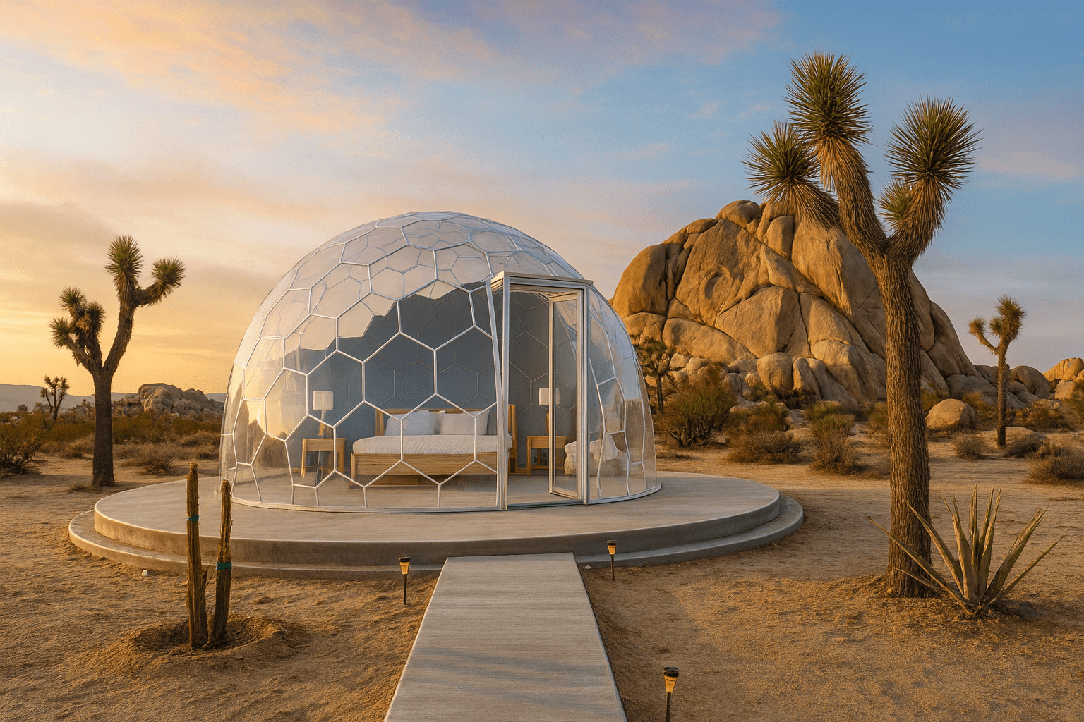 GeoDomeJoshuaTree Adventure Travel Planning: An image of a see-through geodesic dome in the desert of Joshua Tree, California, sitting on a wooden plank with a path to it, rock outcroppings in the background. The inside of the dome shows a bed, with a clear view of the desert sky and a beautiful sunset in the sky