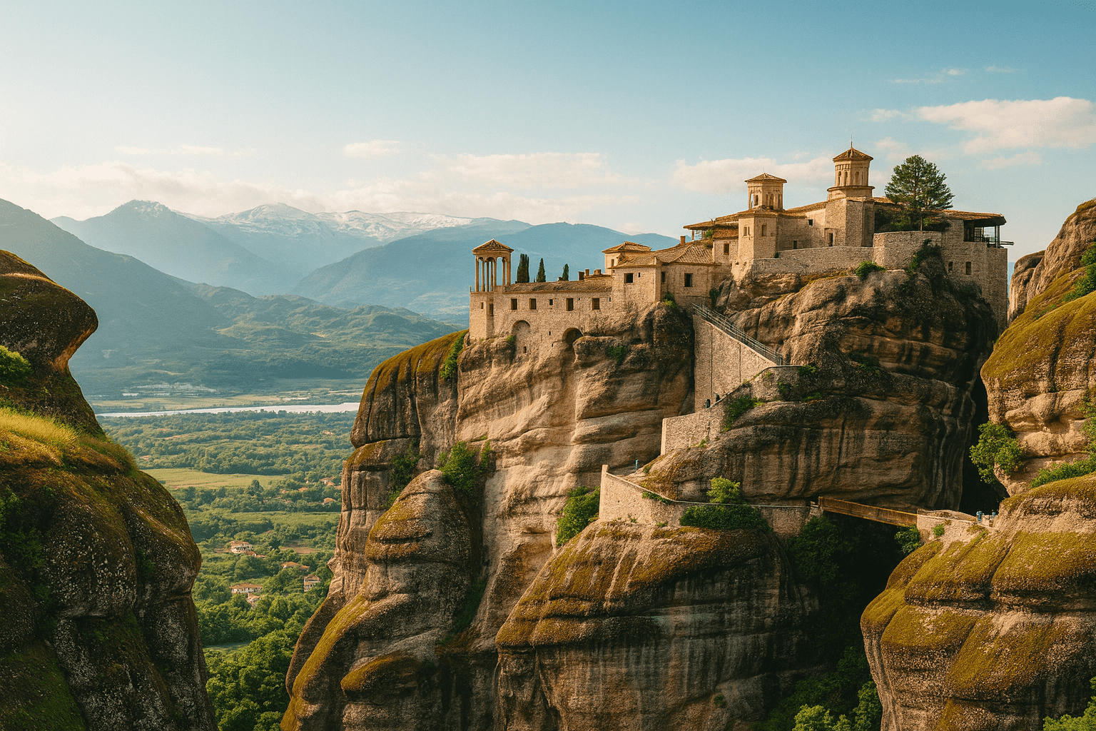 if you are looking for off-the-beaten-path travel, with adventure and unique stays, start here. Meteora, Greece is set on cliffs, a landscape like no other. With blue skies and a valley far below built on naturally imposing sandstone pillars, with Orthodox monasteries