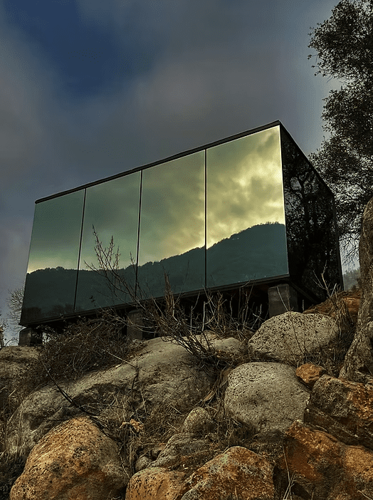 Paradise Ranch Sequoia, a mirrored house reflecting the Sequoia forest beside a cedar hot tub—an eco-luxury stay in Sequoia where architecture dissolves into nature.