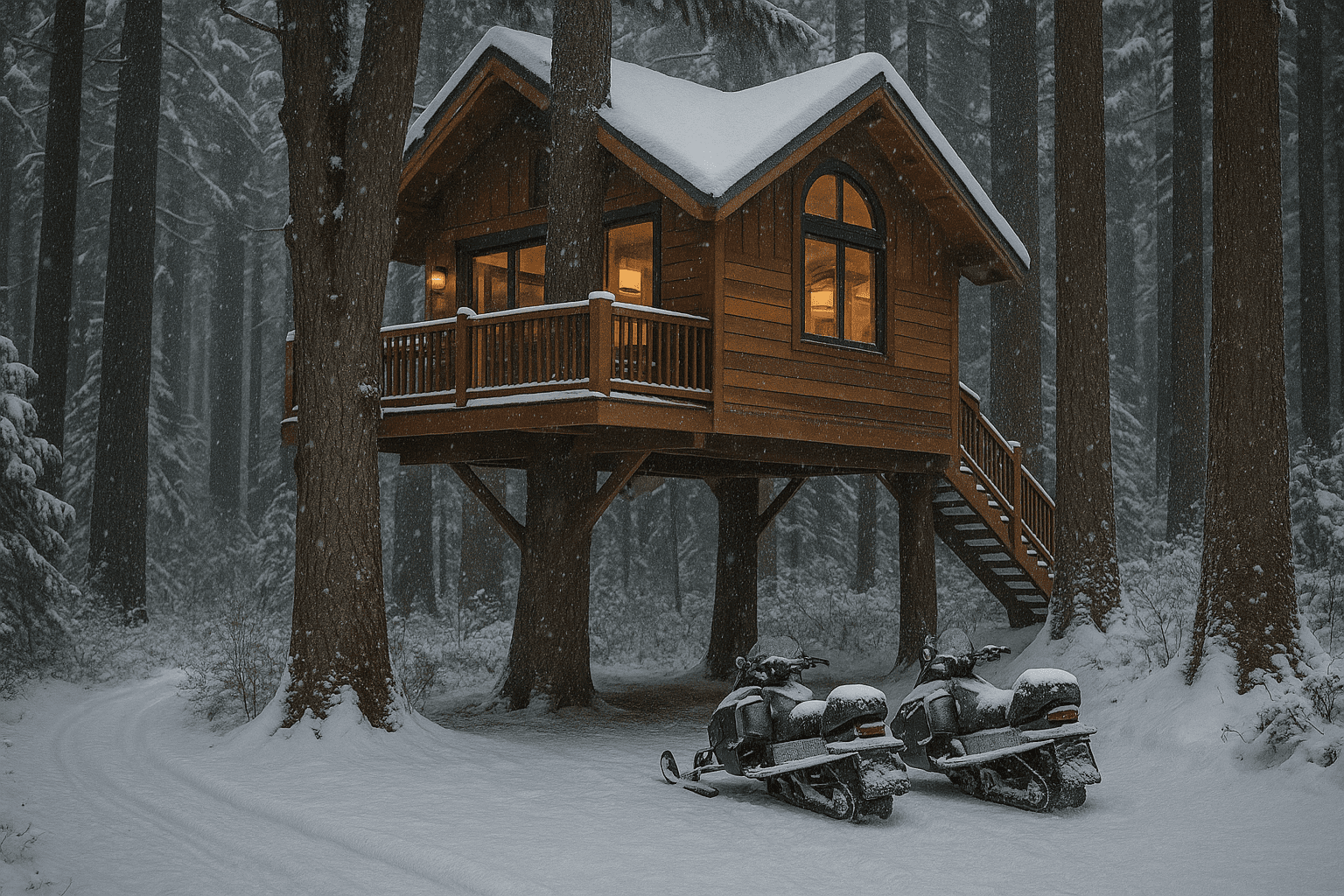 Treehouse Stays in the U.S There are so many types of treehouse stays - off-grid, luxury, or just plain rustic. Image of a treehouse deep in the woods with warm lighting coming from inside, and snow on the ground, with 2 snowmobiles ready for adventure.