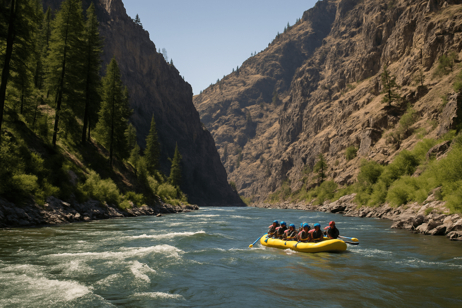 WW Rafting_Digital Detox White water rafting adventure on river in scenic canyon, the perfect vacation for a digital detox