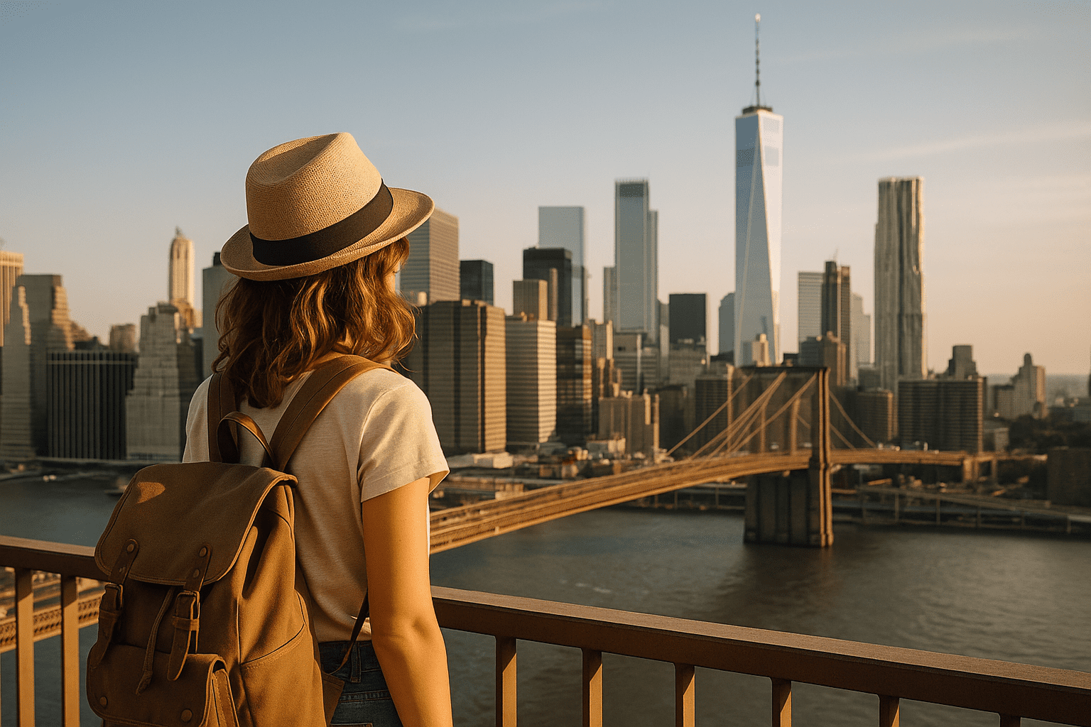 A Girl in a hat and a backpack looking across the river at manhattan skyline ready for city adventures
