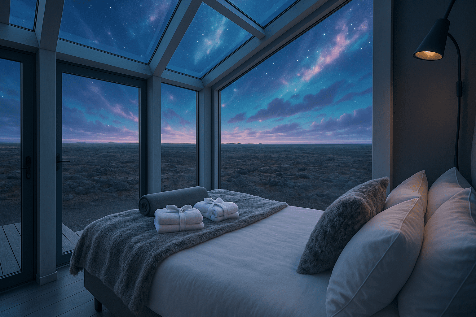 Glass Cottages of Iceland overlooking the lava fields from the inside of the cottage, to a romantic purple sky and clouds in the early evening.