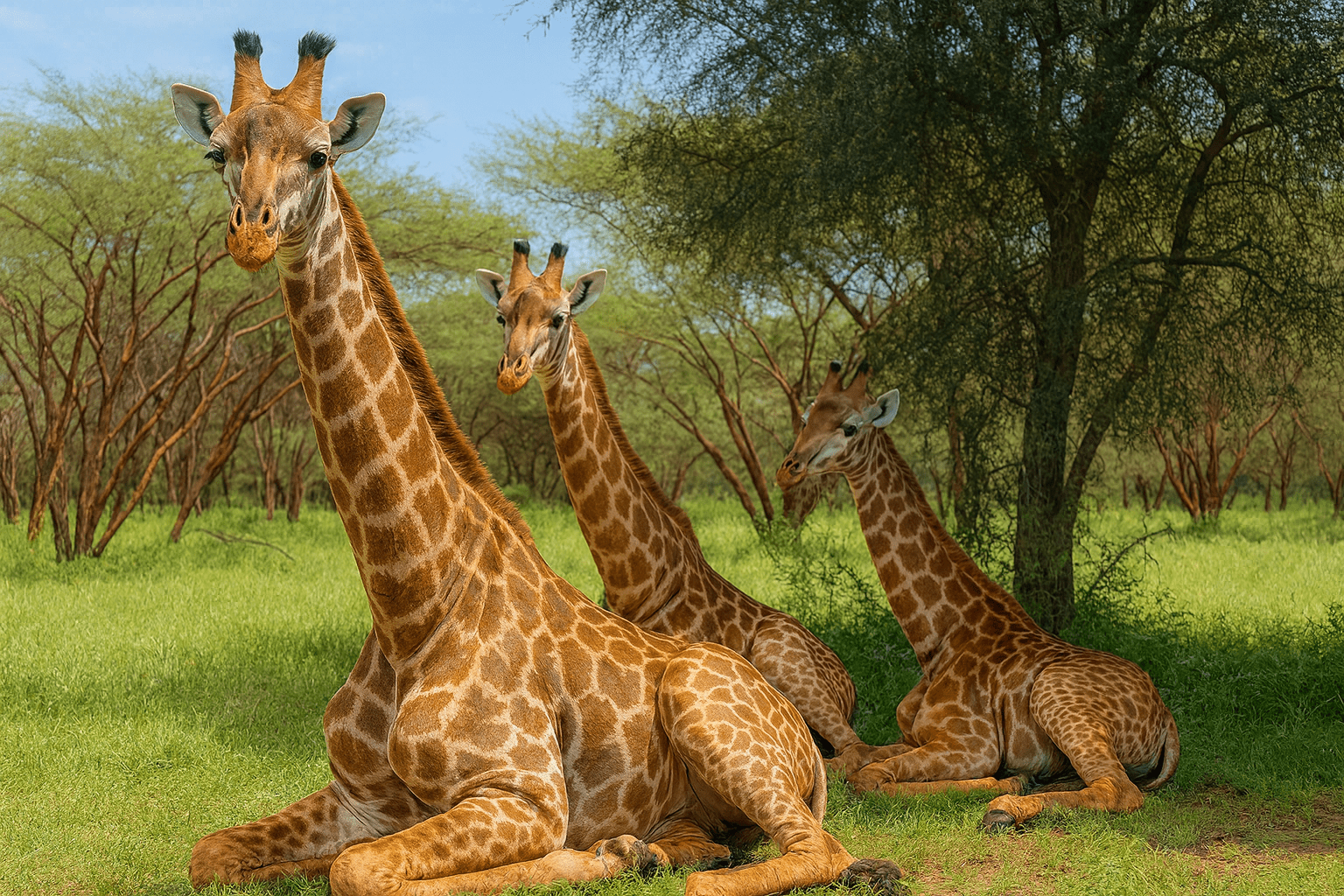 Three giraffe sitting under a tree in the bush of Africa, an article on African Safari Tips and how to choose the best park.
