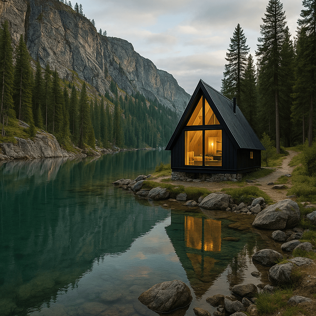 Gen Z Travel Trends look more like this - a cabin in the woods, sitting up against a river and in the distance, cliffs. Places they can use for adventure, from kayaking to climbing to hiking.