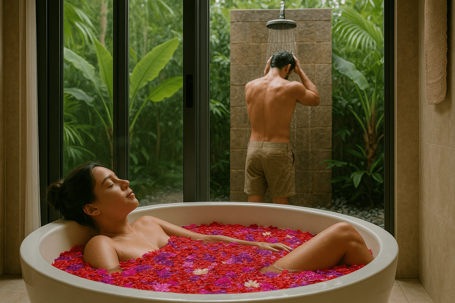 Bali_Spa_Relax A woman sitting in a glass room spa in a tub full of flowers relaxing while her partner is under the outdoor shower at a spa in Bali. Wellness Retreat at it's finest. This is soulful travel.