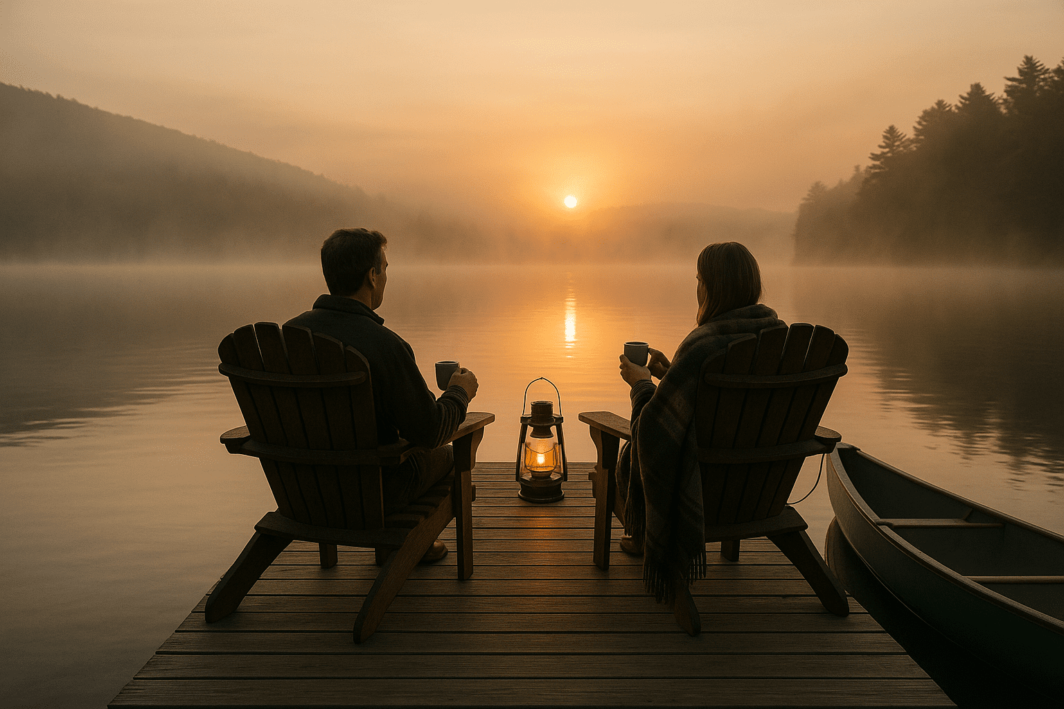 Couple enjoying sunrise by lake with a coffee in hand and mist rising off the lake. The new luxury travel trend.
