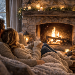 Best Cabin Stays for Cozy Travel 4 Best Cabin Stays for Cozy Travel: A couple cozied up on the couch with a blanket in front of the fireplace and outside, the window, it's snowing