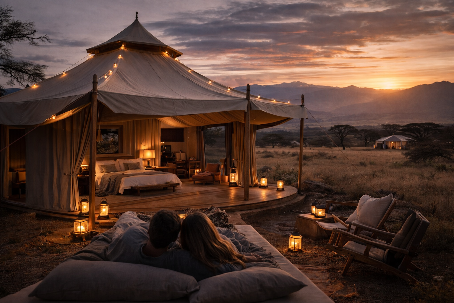 luxury tented camps around the world : Cozy tent at sunset, romantic ambiance