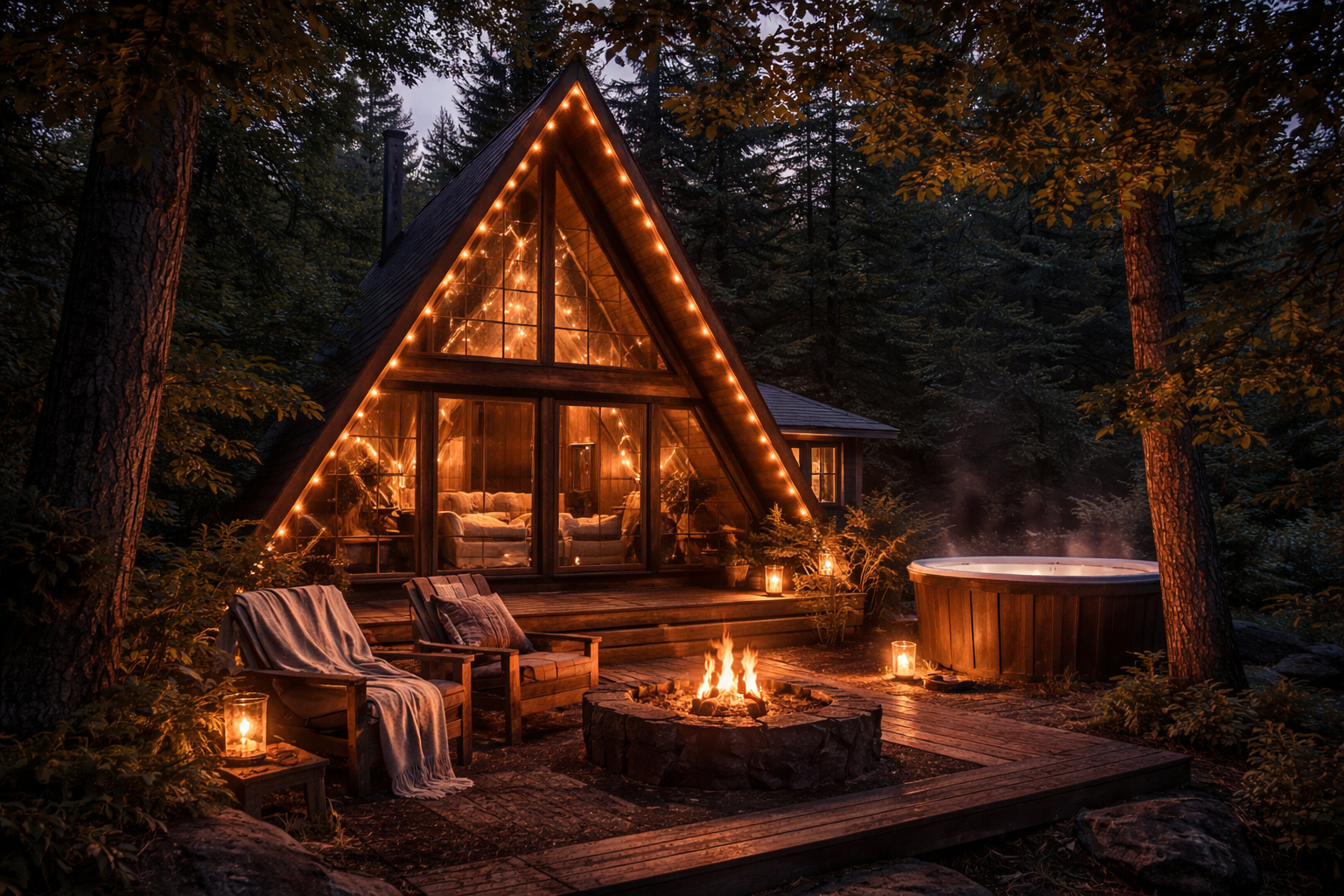 In an article about romantic A-Frame cabins around the world, this one set in the Oregon forest at dusk, with ambient lights spilling from inside the cabin