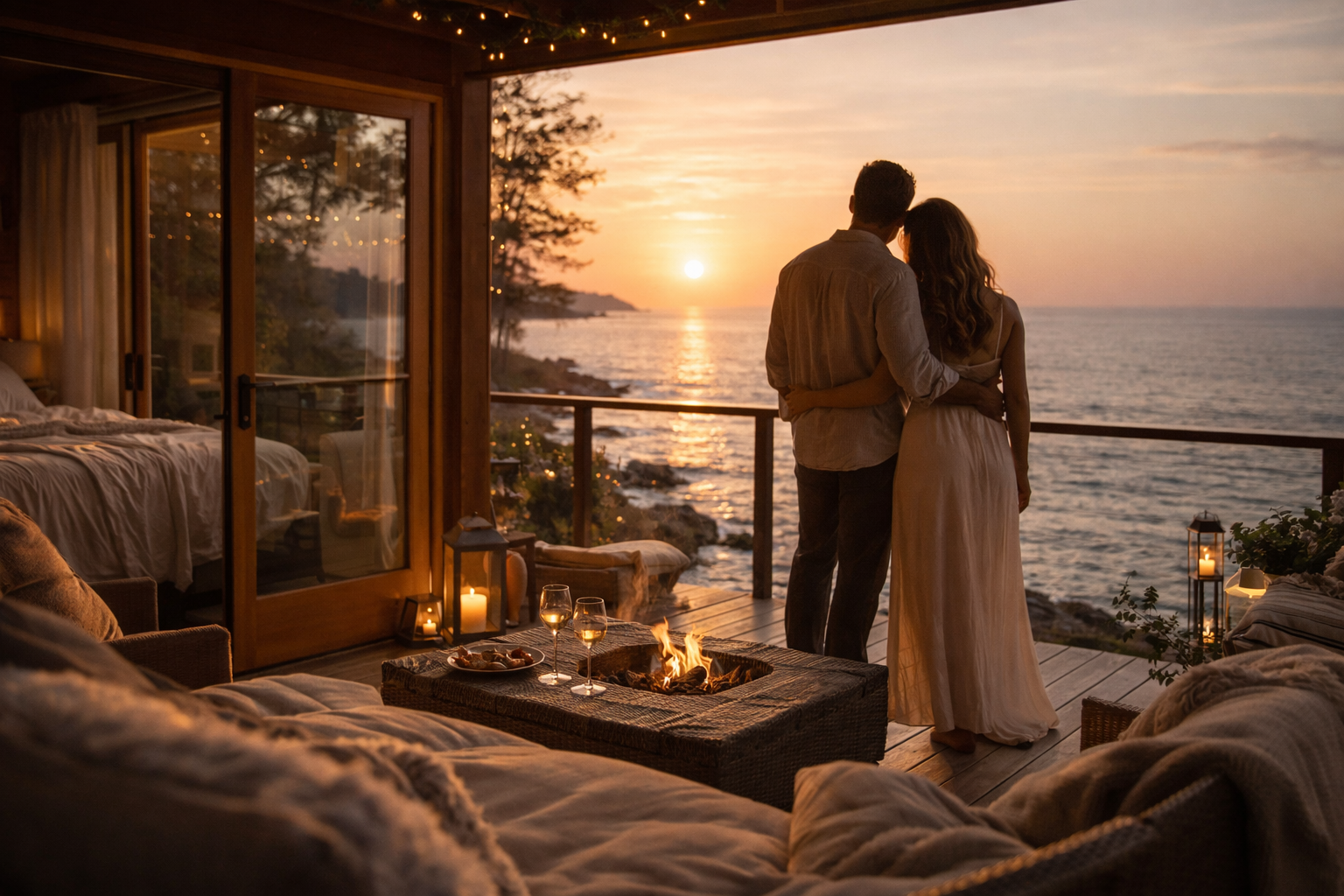 Romantic Oceanfront Escapes for Couples Who Want Space, Calm, and Connection - a gorgeous cain with big windows overlooking the ocean, a couple standing arm in arm looking out