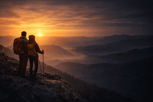 Two hikers with backpacks watching sunset over mountain range. unique places to stay app Atlas + Wild interface