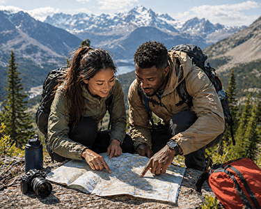 Hikers planning their route on a summit - intentional travel planning