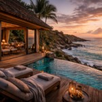 Couple on cliff / ocean edge facing outward toward the sunrise, the light beaming through the clouds on a wide open coastal landscape