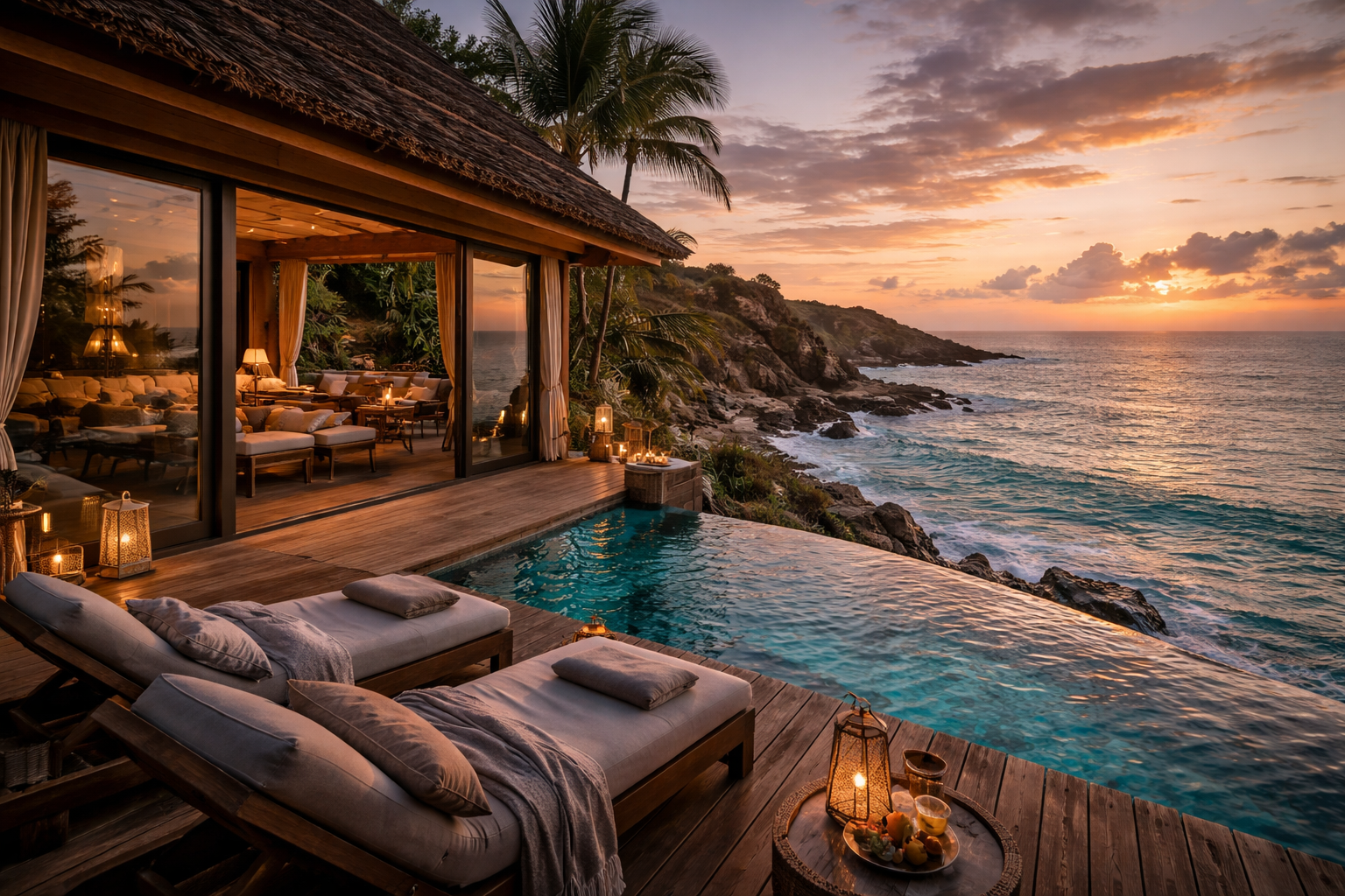 Couple on cliff / ocean edge facing outward toward the sunrise, the light beaming through the clouds on a wide open coastal landscape