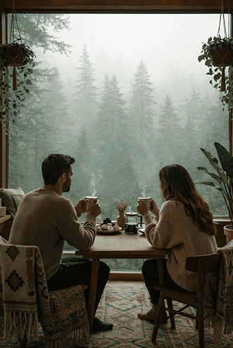 Cozy cabin escape with misty view