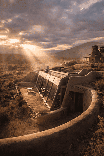 Sustainable home in desert landscape.