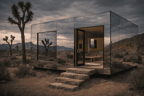 Reflective desert cabin at twilight