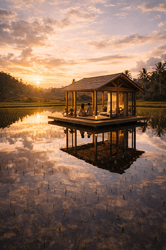 Serene pavilion in Balis rice fields