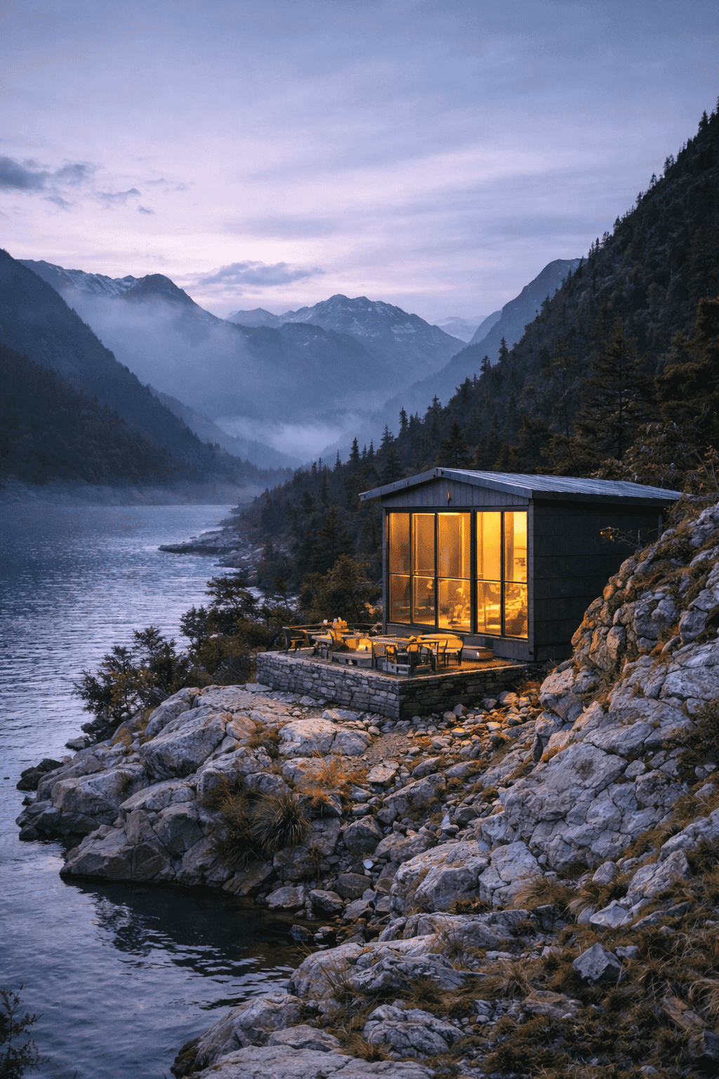 Twilight retreat by the misty lake
