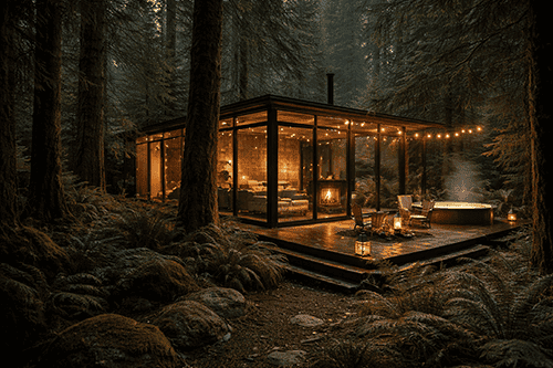 Cozy glass cabin surrounded by tall trees in a forest setting, illuminated with warm string lights f.