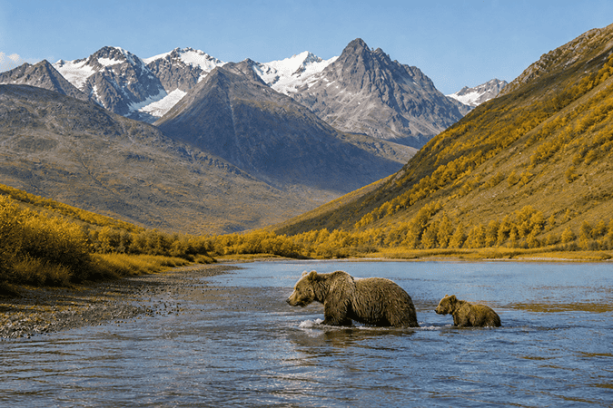 Bears wading in a scenic river below snowcapped mountains in Alaska scenes from the ultimate Alaska Wilderness Safari