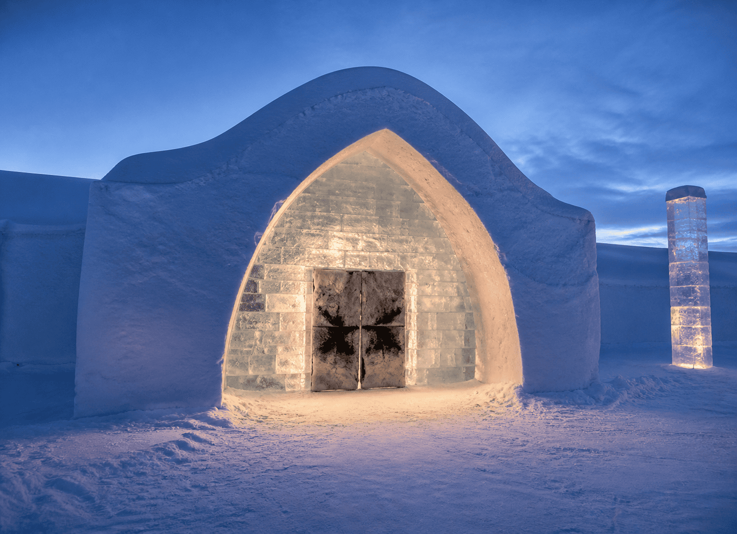 Ice Hotel structure with illuminated entrance